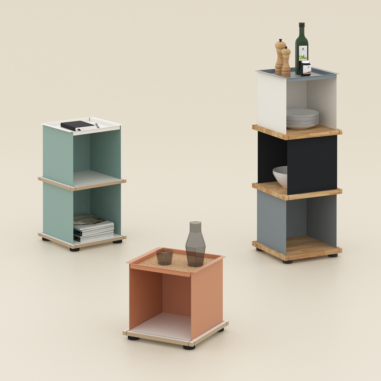 YU TRAY SHELF 1x3 – Ein schmales Regal mit besonderem Kopf. Denn beim oberen Abschluss handelt es sich um das vielseitige Tablett YU TRAY. Ein vielseitiges, universell verwendbares Regal, dass Raum und Ablagefläche auch an den kleinsten Orten schafft. Ideal für den Flur, das Homeoffice, die Küche, das Bad und überall, wo Stauraum benötigt wird.