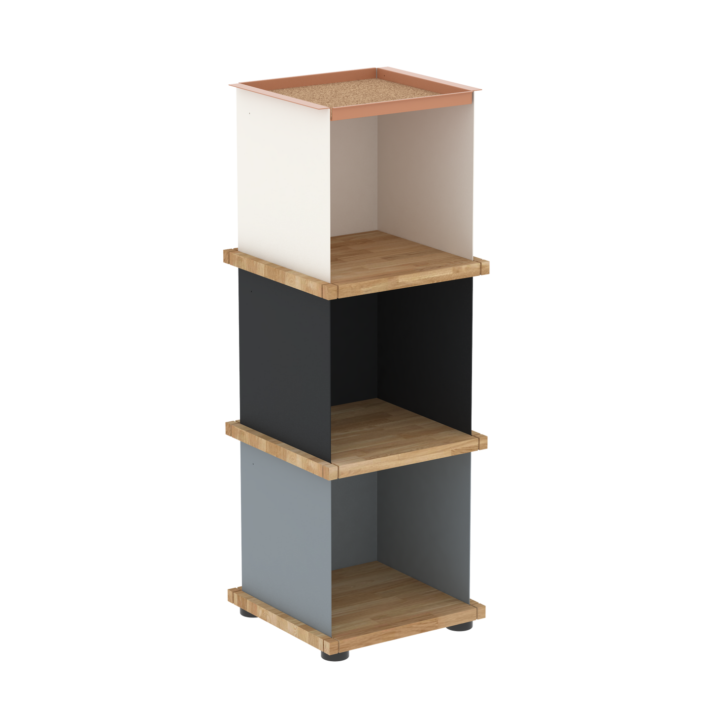YU TRAY SHELF 1x3 – Ein schmales Regal mit besonderem Kopf. Denn beim oberen Abschluss handelt es sich um das vielseitige Tablett YU TRAY. Ein vielseitiges, universell verwendbares Regal, dass Raum und Ablagefläche auch an den kleinsten Orten schafft. Ideal für den Flur, das Homeoffice, die Küche, das Bad und überall, wo Stauraum benötigt wird.