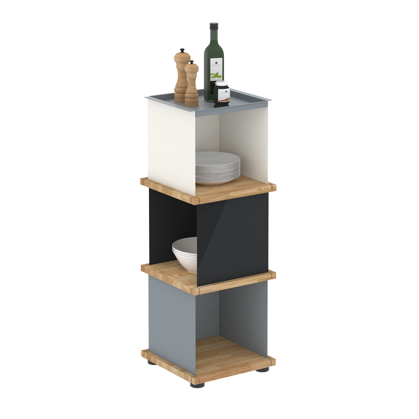 YU TRAY SHELF 1x3 – Ein schmales Regal mit besonderem Kopf. Denn beim oberen Abschluss handelt es sich um das vielseitige Tablett YU TRAY. Ein vielseitiges, universell verwendbares Regal, dass Raum und Ablagefläche auch an den kleinsten Orten schafft. Ideal für den Flur, das Homeoffice, die Küche, das Bad und überall, wo Stauraum benötigt wird.