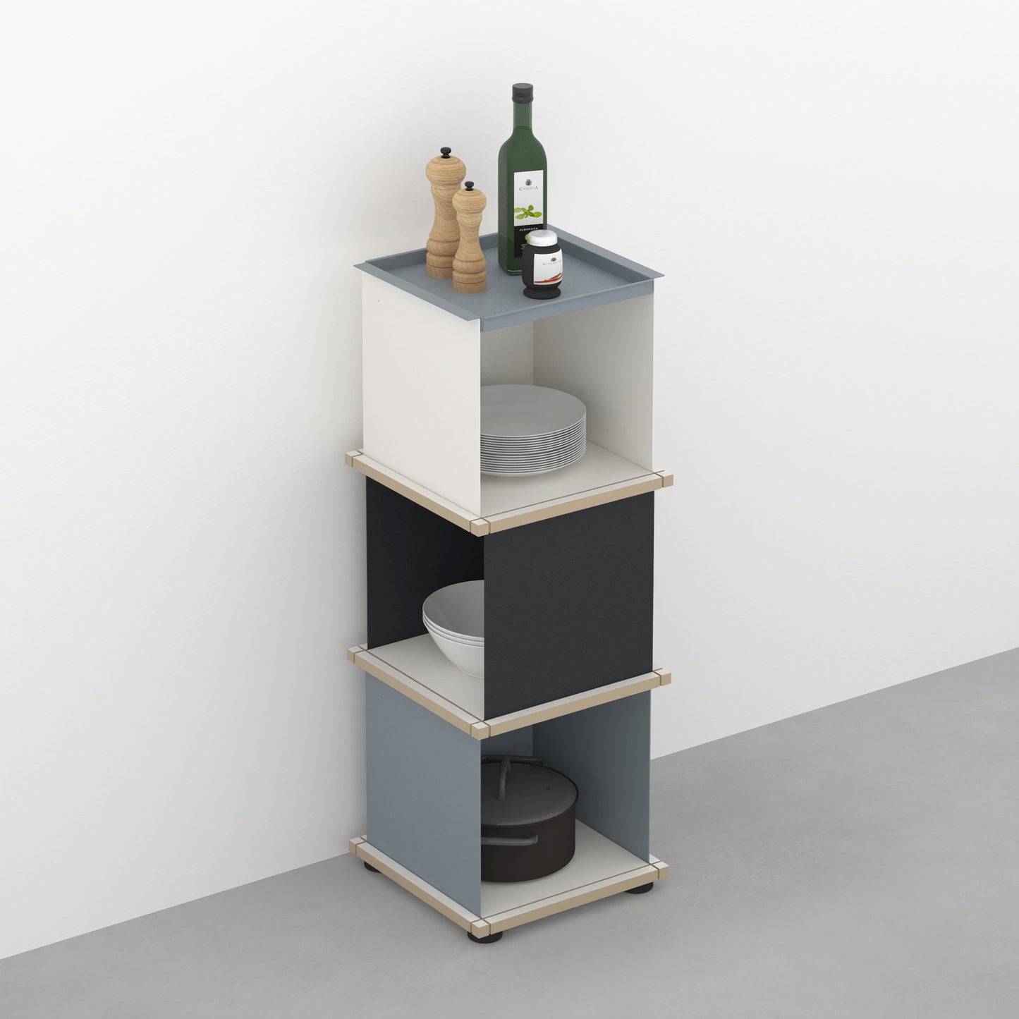 YU TRAY SHELF 1x3 – Ein schmales Regal mit besonderem Kopf. Denn beim oberen Abschluss handelt es sich um das vielseitige Tablett YU TRAY. Ein vielseitiges, universell verwendbares Regal, dass Raum und Ablagefläche auch an den kleinsten Orten schafft. Ideal für den Flur, das Homeoffice, die Küche, das Bad und überall, wo Stauraum benötigt wird.