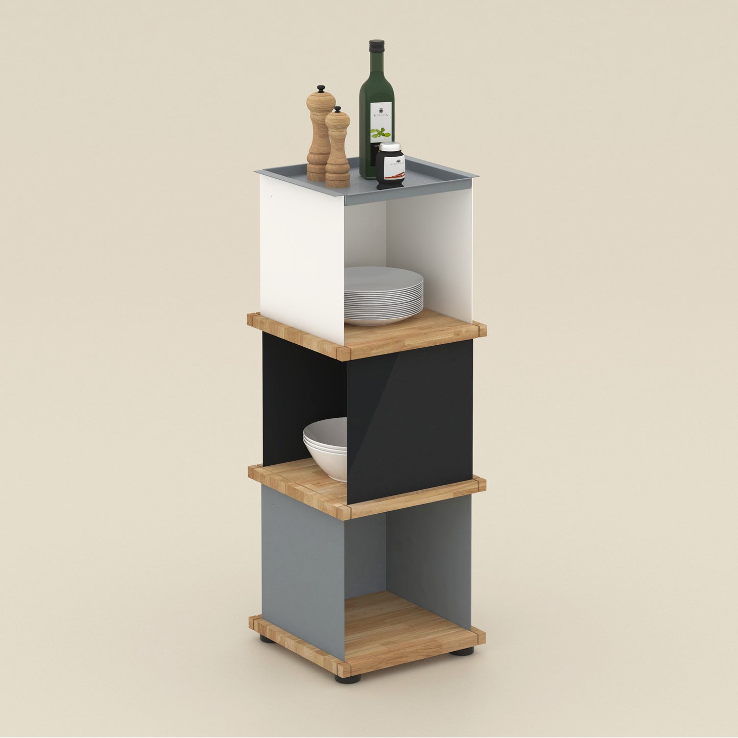 YU TRAY SHELF 1x3 – Ein schmales Regal mit besonderem Kopf. Denn beim oberen Abschluss handelt es sich um das vielseitige Tablett YU TRAY. Ein vielseitiges, universell verwendbares Regal, dass Raum und Ablagefläche auch an den kleinsten Orten schafft. Ideal für den Flur, das Homeoffice, die Küche, das Bad und überall, wo Stauraum benötigt wird.